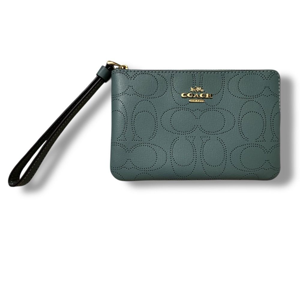 Coach Corner Zip Wristlet Seafoam Perforated Leather